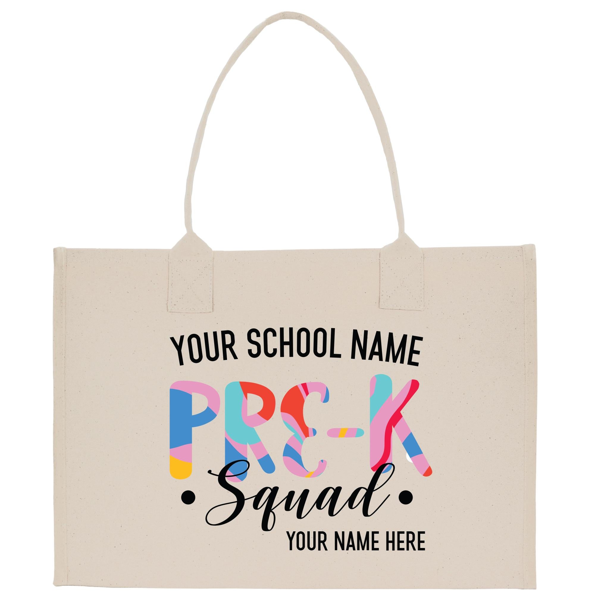 a tote bag with the words, your school name, and a picture of