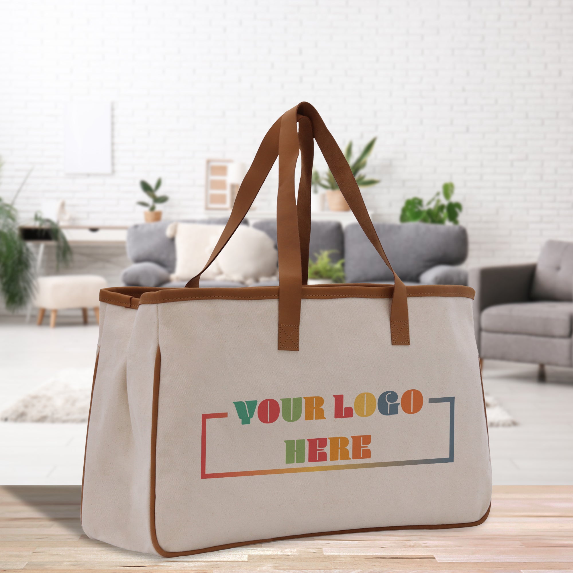 a canvas tote bag with a leather handle