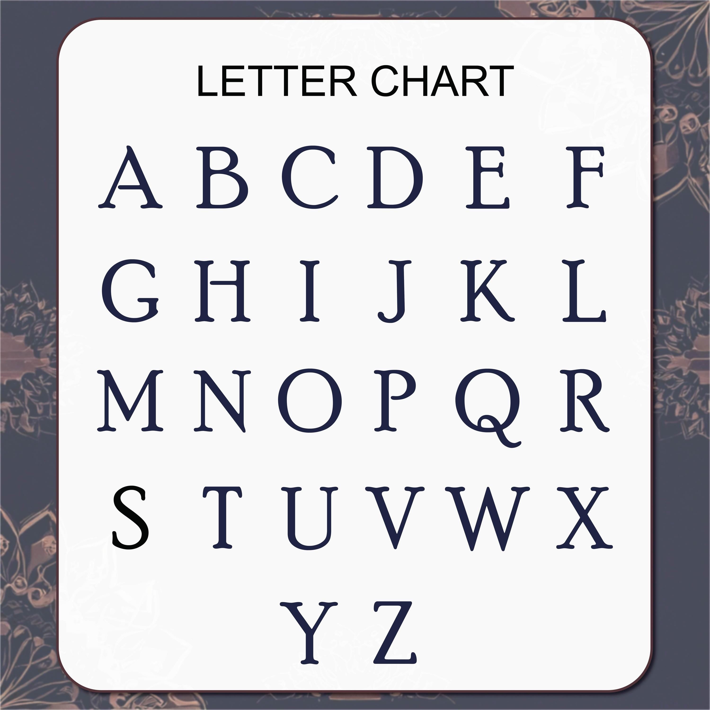 a letter chart with the alphabet displayed in a grid format.