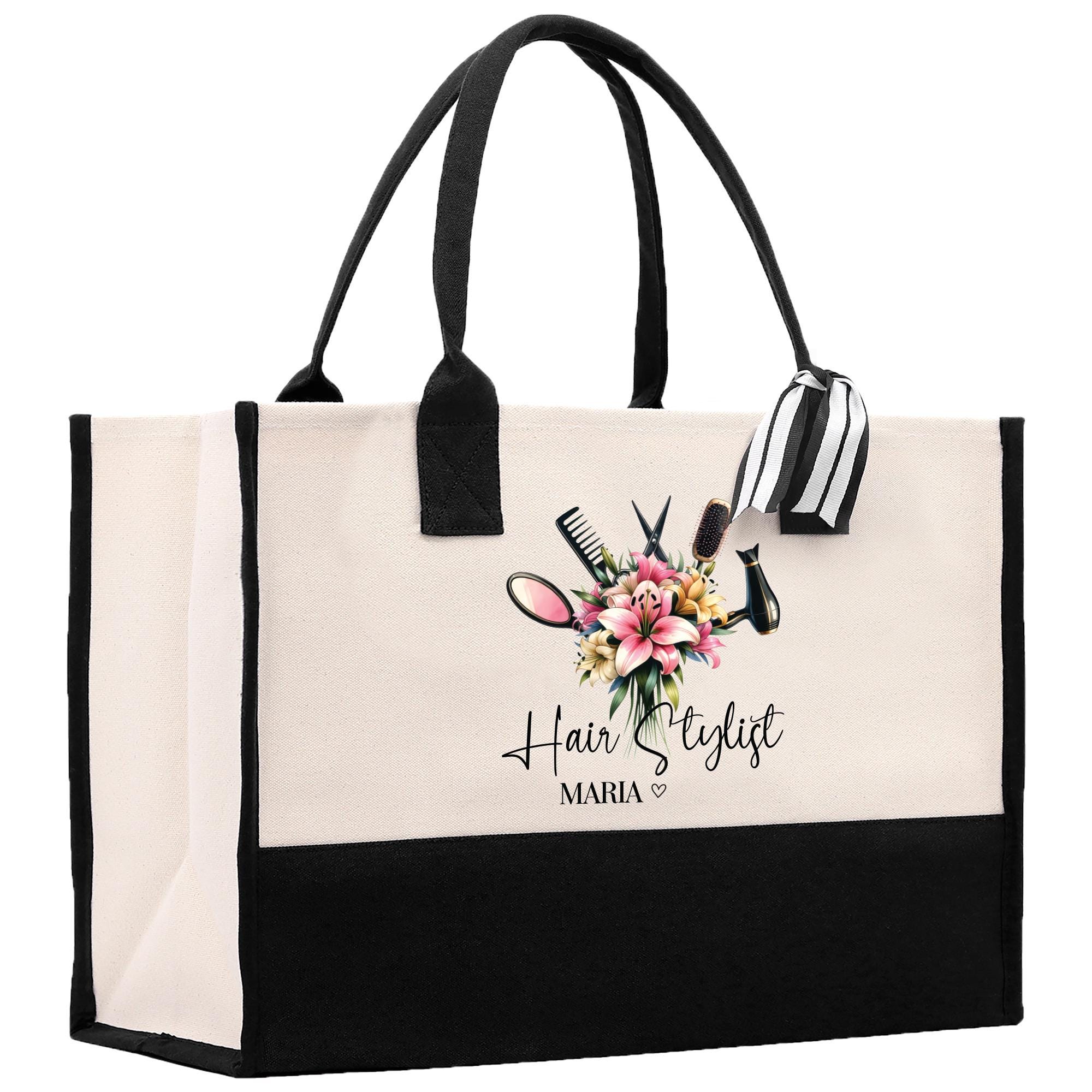 a tote bag with a hair stylist logo on it