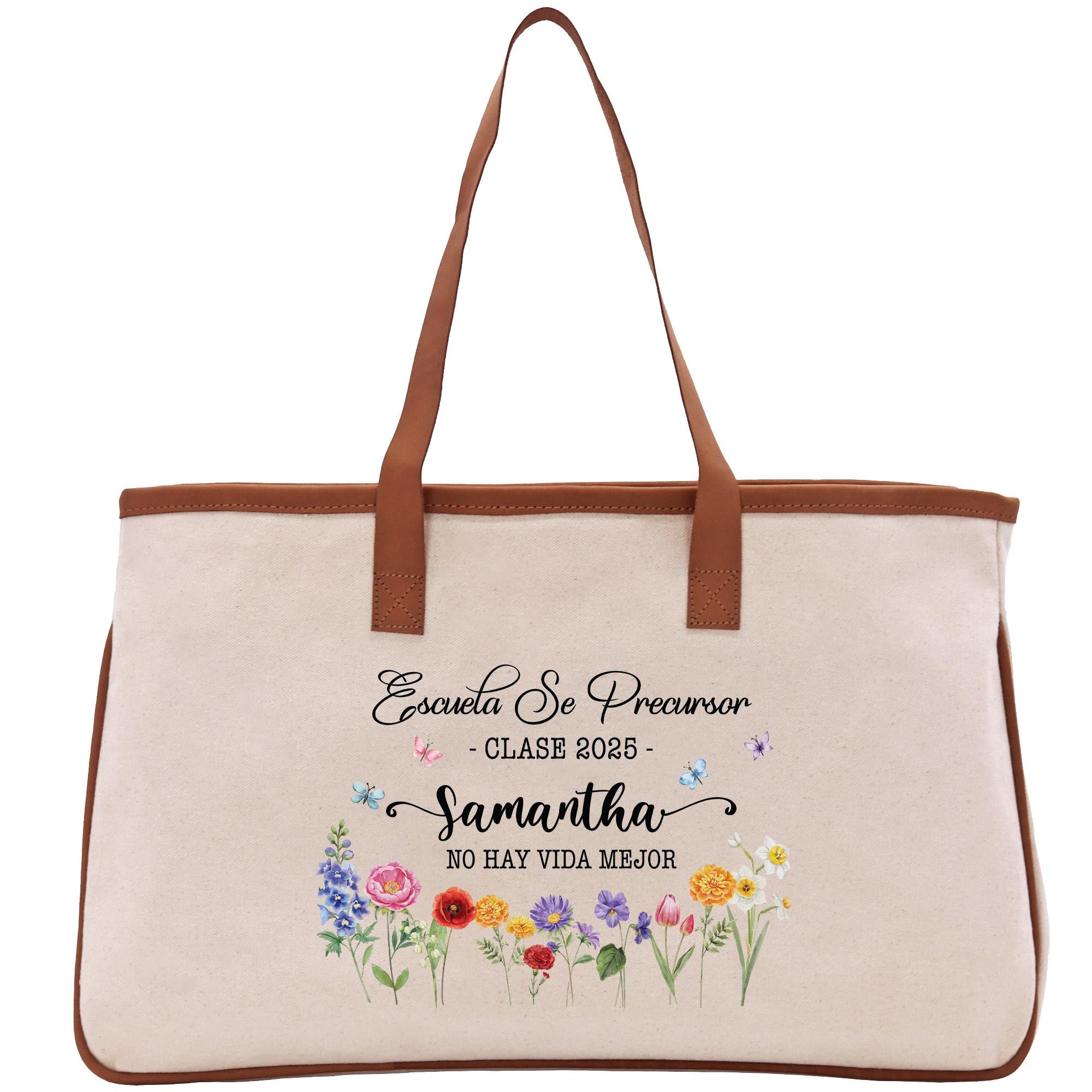 a beige tote bag with a floral design and text printed on it.