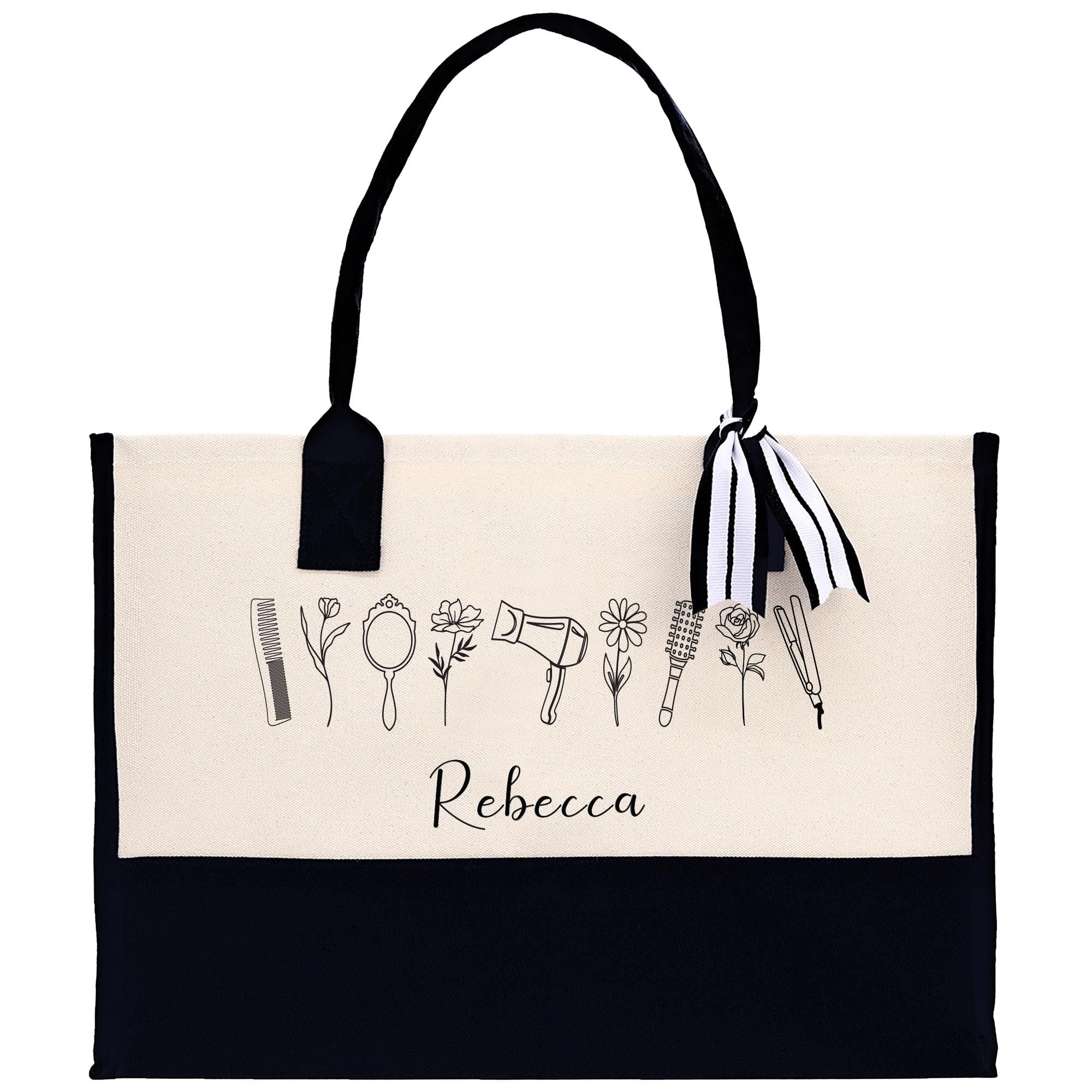 A tote bag with a black and white design featuring various hair styling tools such as a hair dryer, curling iron, and hairbrush, along with the name &quot;Recca&quot; printed on it.