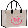 a white bag with a pink butterfly on it