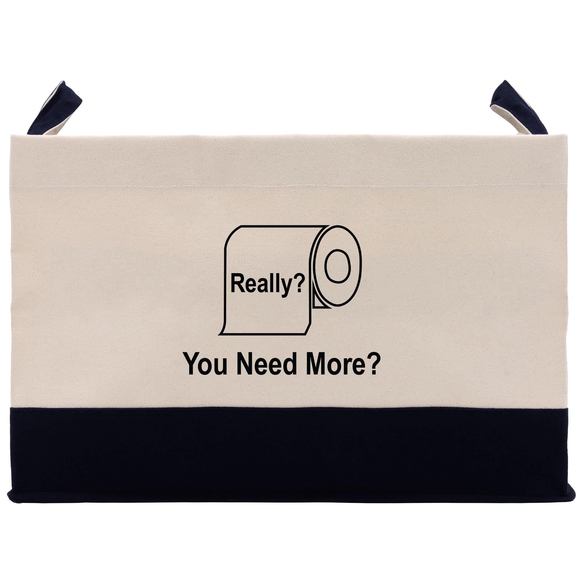 A beige and black tote bag with a humorous text printed on it.