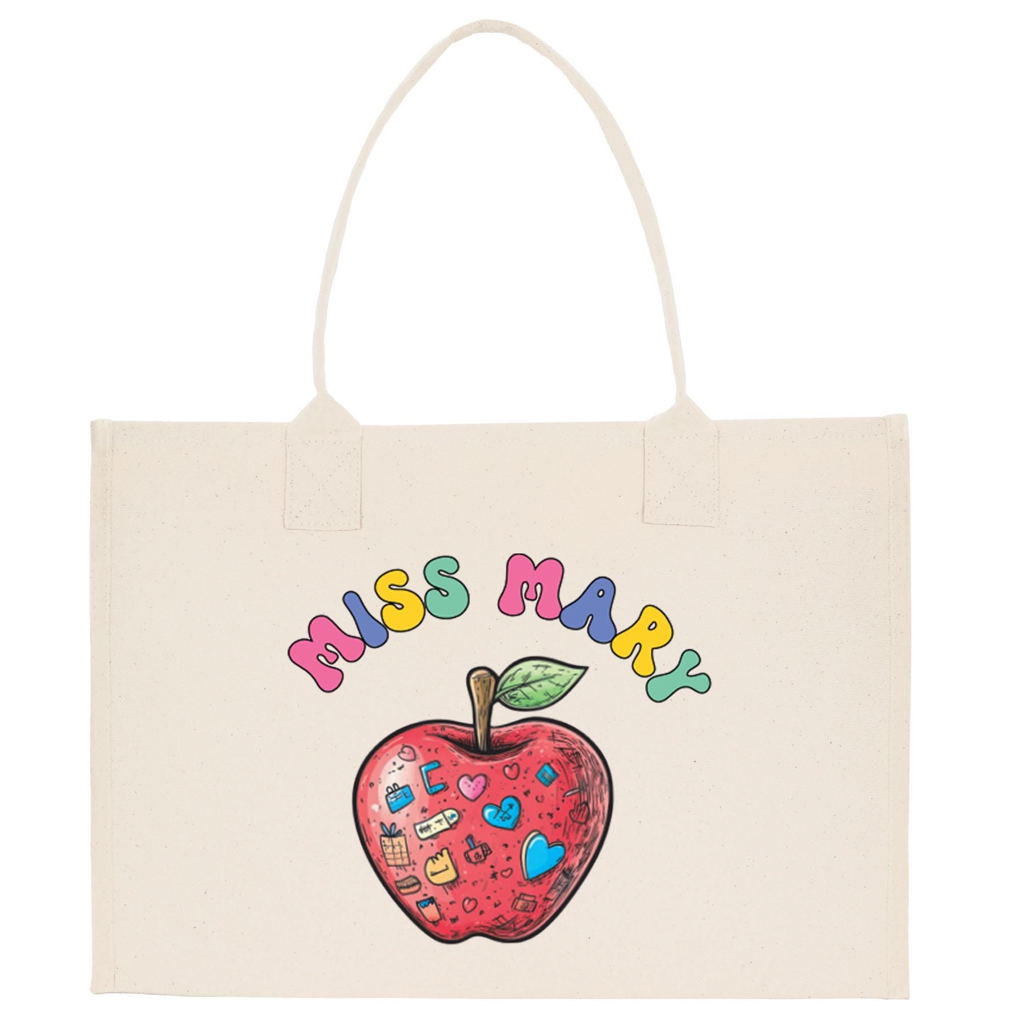 a white bag with a red apple on it