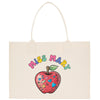 a white bag with a red apple on it