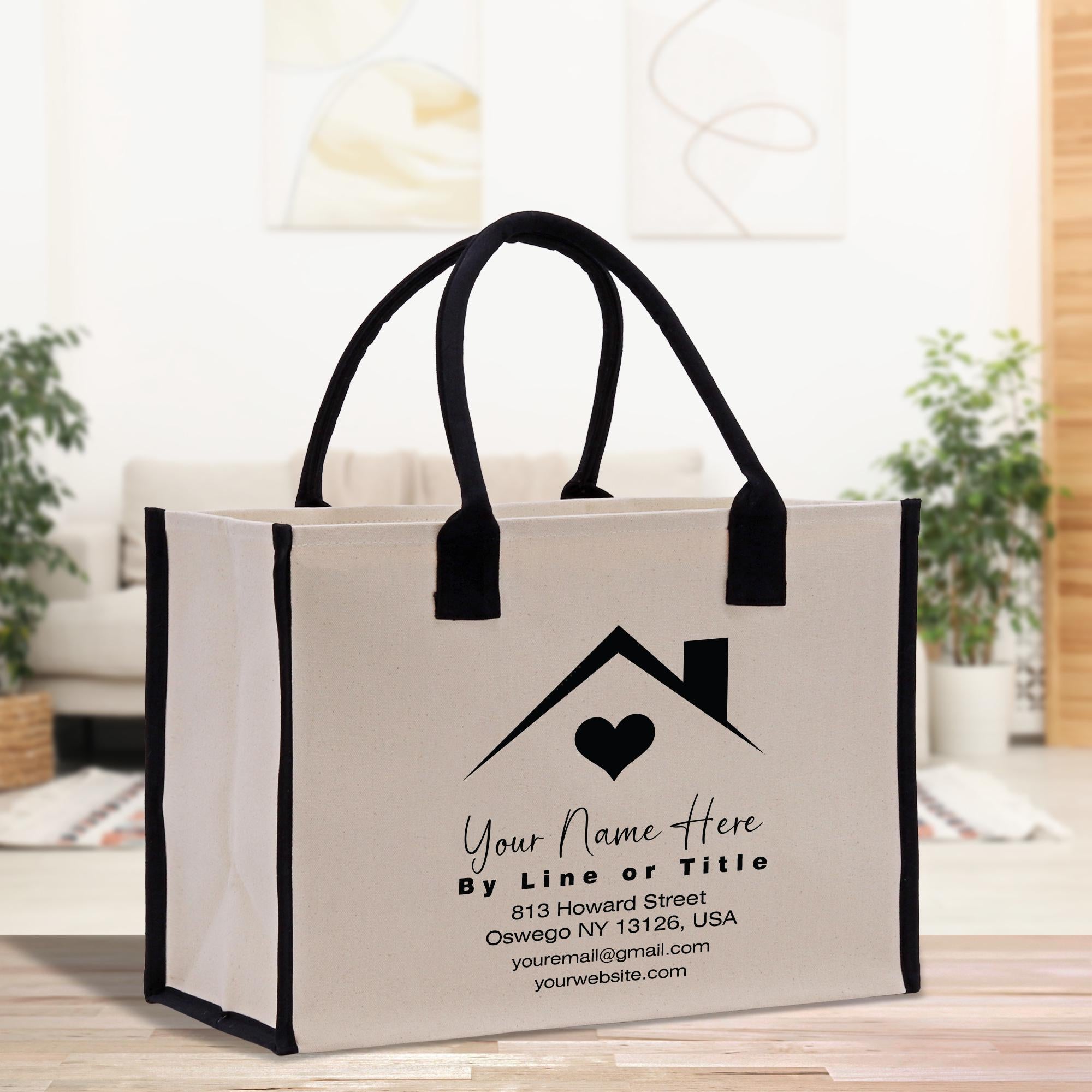 a white bag with a house and a heart on it
