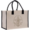 A beige canvas tote bag with a black handle and trim, featuring a decorative monogram and text.
