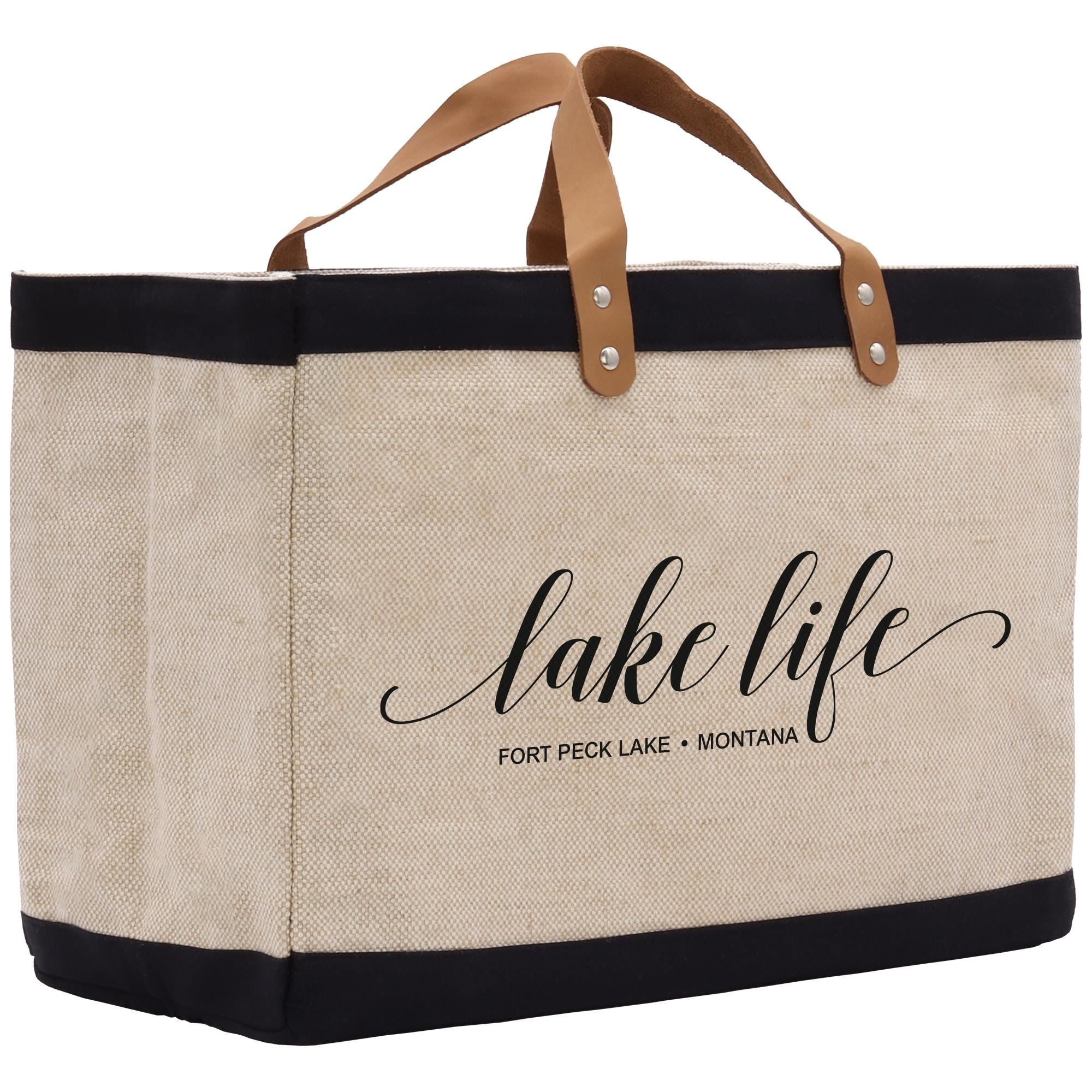 a large jute bag with a leather handle