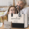 A large tote bag with the name "auntie" printed on it, along with a smaller bag and a woman's face in the background.