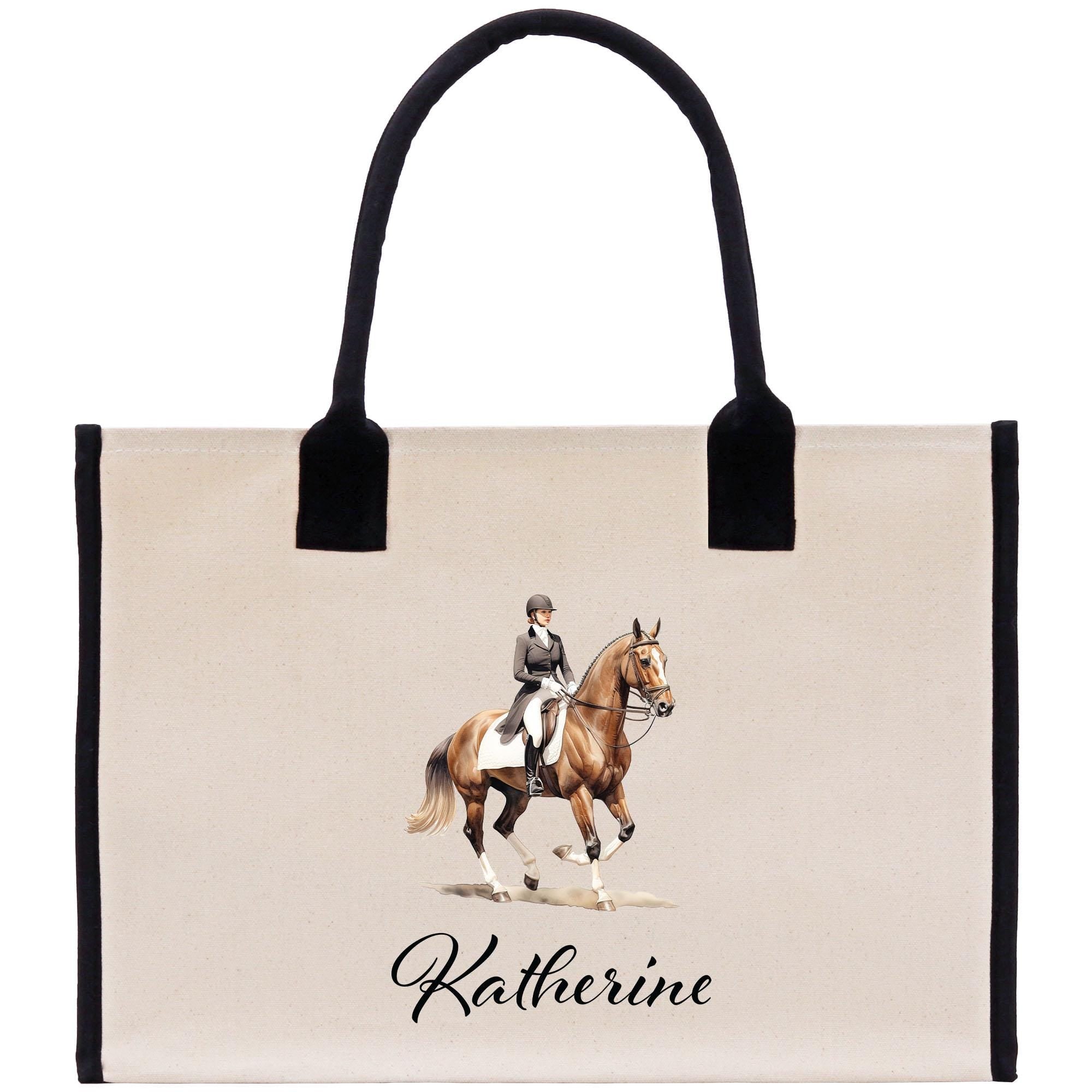 A tote bag with a printed image of a woman riding a horse, along with the name &quot;Katherine&quot; printed below the image.