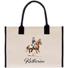 A tote bag with a printed image of a woman riding a horse, along with the name "Katherine" printed below the image.