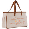 a canvas bag with a cat mom message on it
