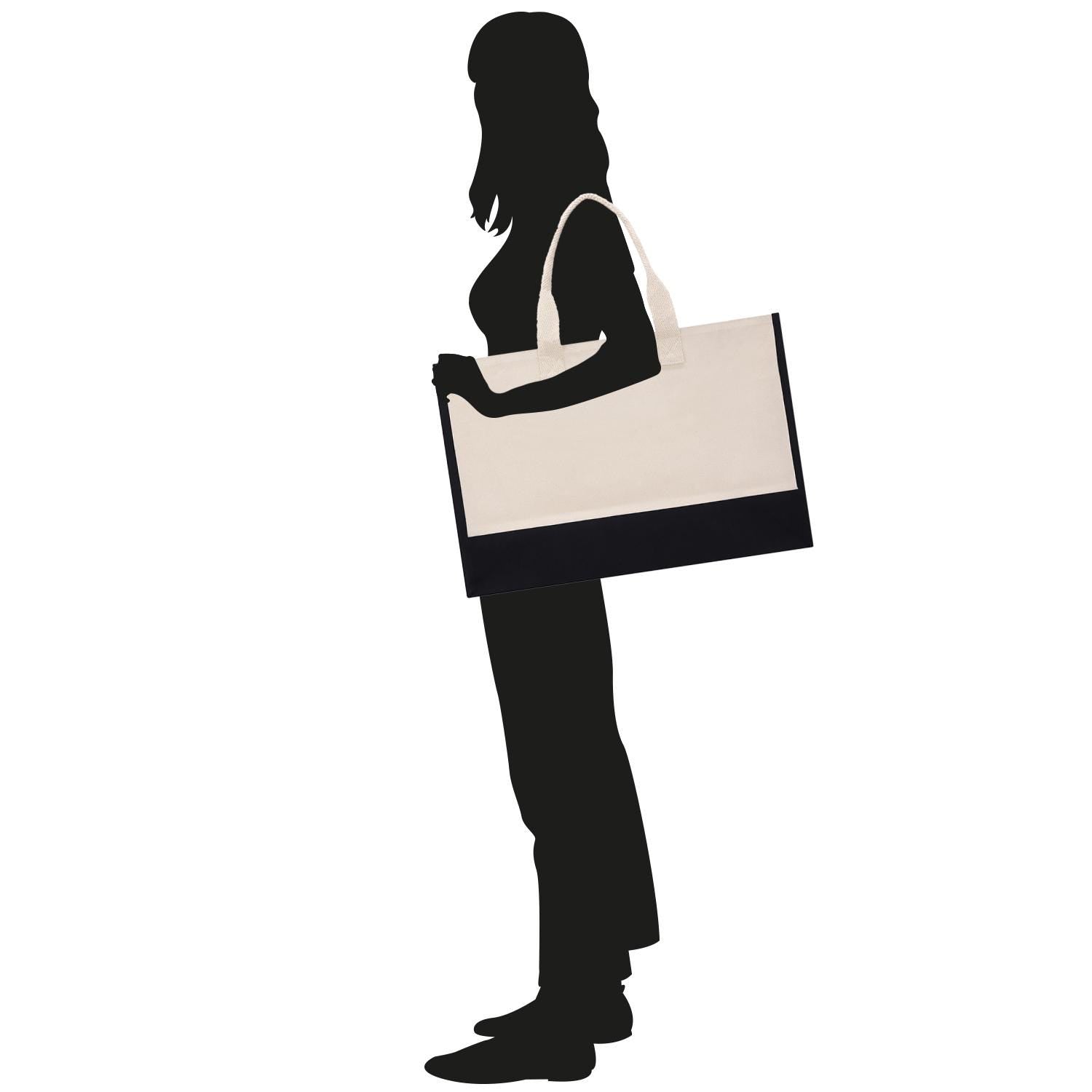 A silhouette of a woman holding a large bag.