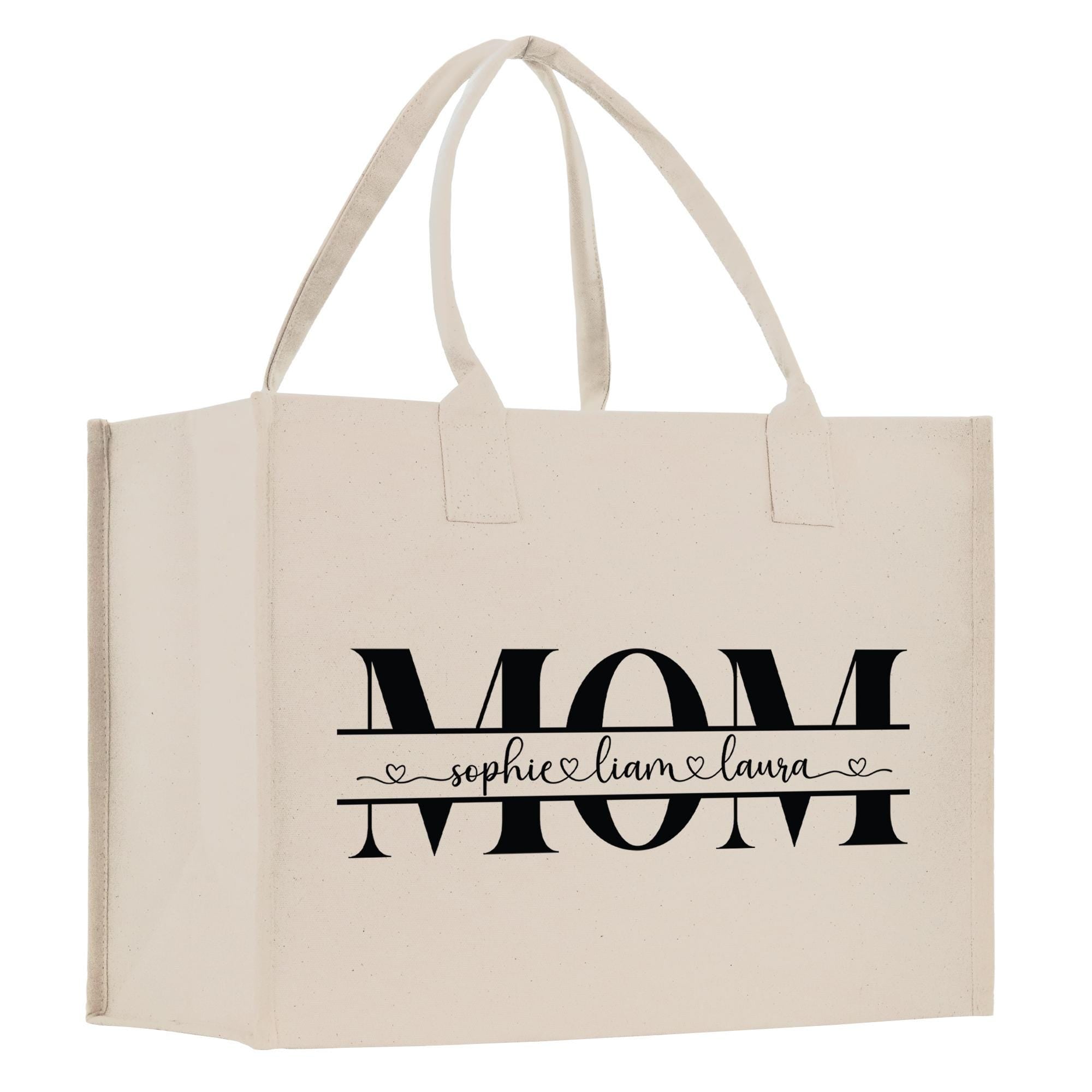 a white bag with the words mom on it