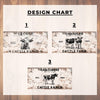 three design charts, each featuring a cow illustration and text related to cattle ranching. The charts are labeled with the numbers 1, 2, and 3, indicating their order or position within the design.
