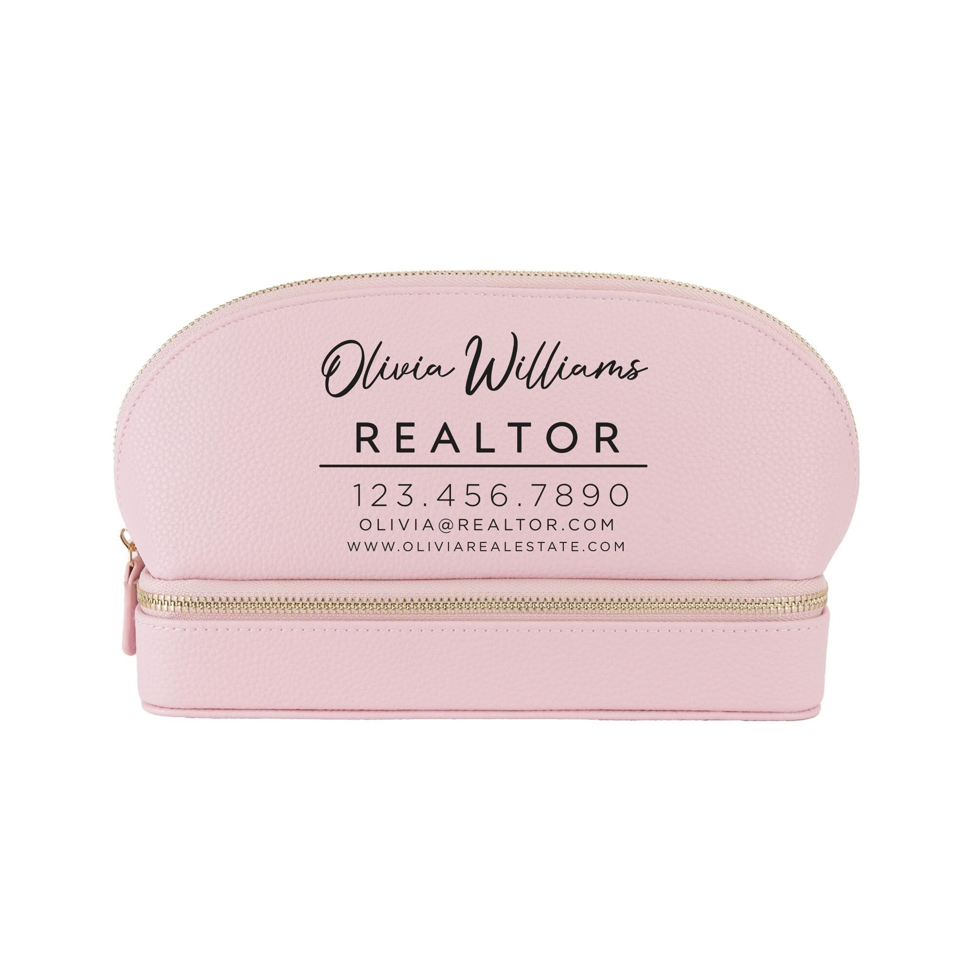 A pink makeup bag with the text &quot;Olivia Williams REALTOR&quot; printed on it.