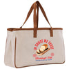A beige canvas tote bag with a printed design featuring a loaf of bread and the text "InCRUST WE TRUST" and "TOURDOUGH LIFE STARTER FLOUR SALT WATER".