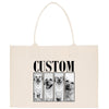 A beige canvas tote bag with a custom dog photo printed on it.