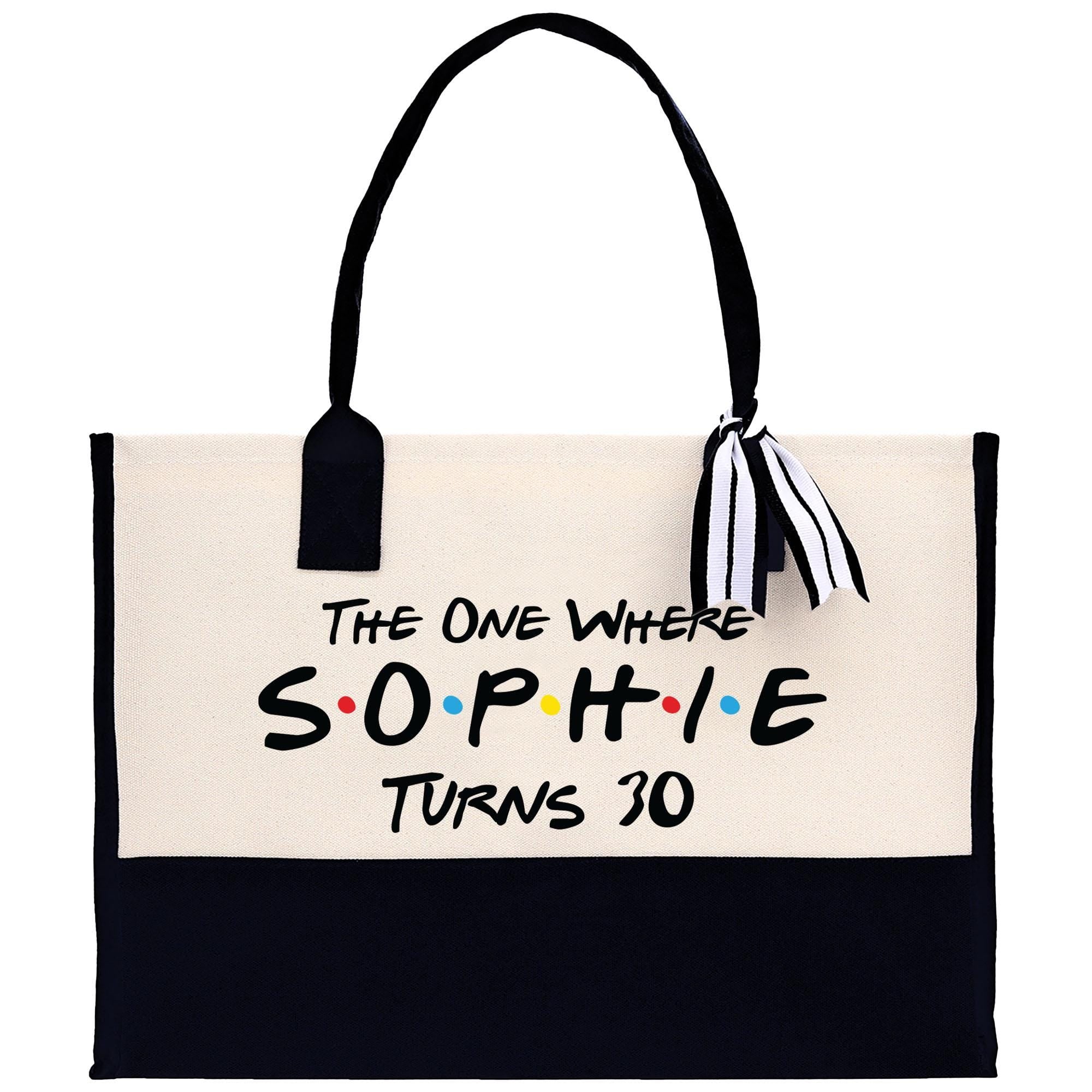 a black and white tote bag with the words the one where sophiie