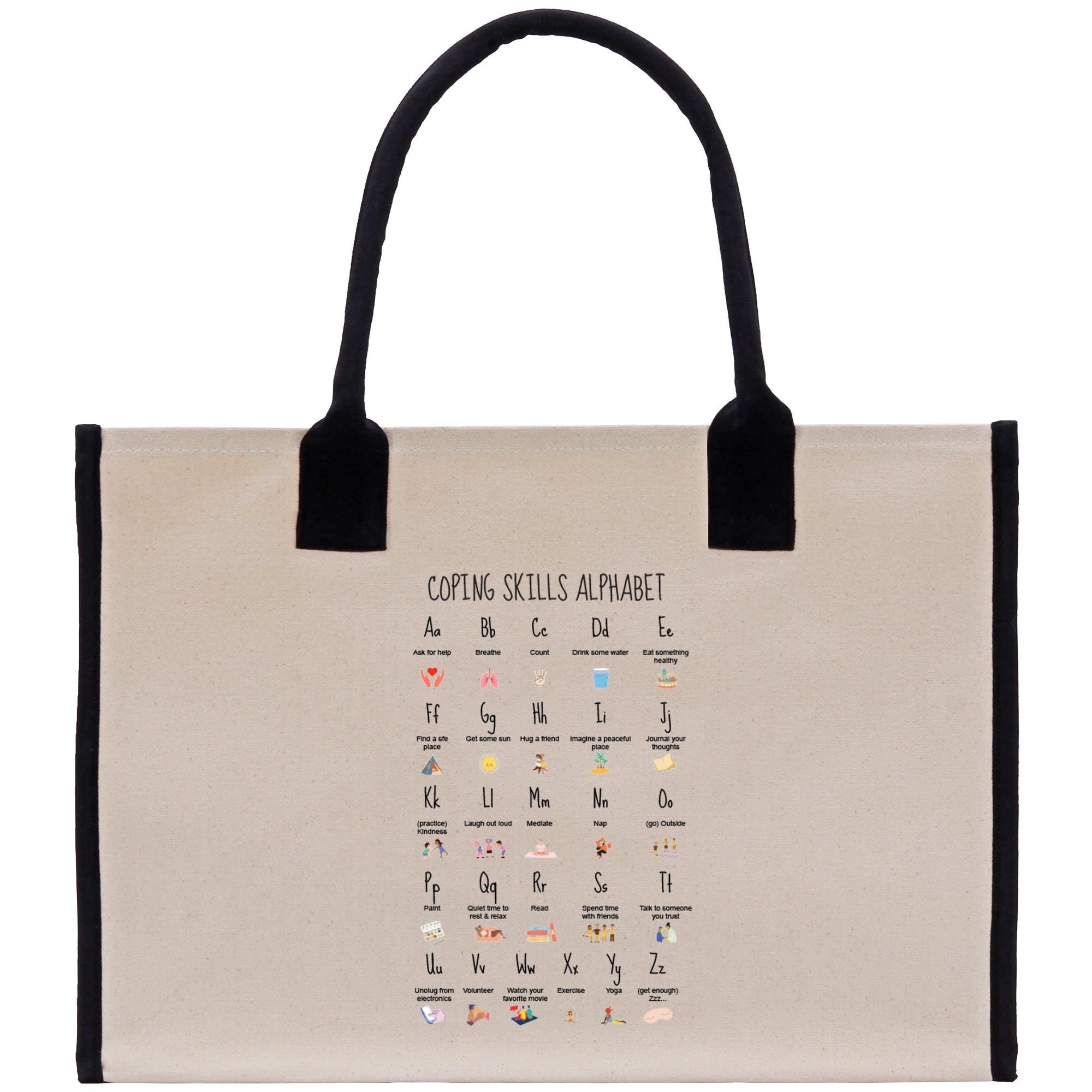 a canvas tote bag with a black handle