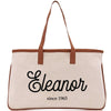 a white canvas bag with a brown leather handle