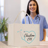 a woman in scrubs is holding a shopping bag