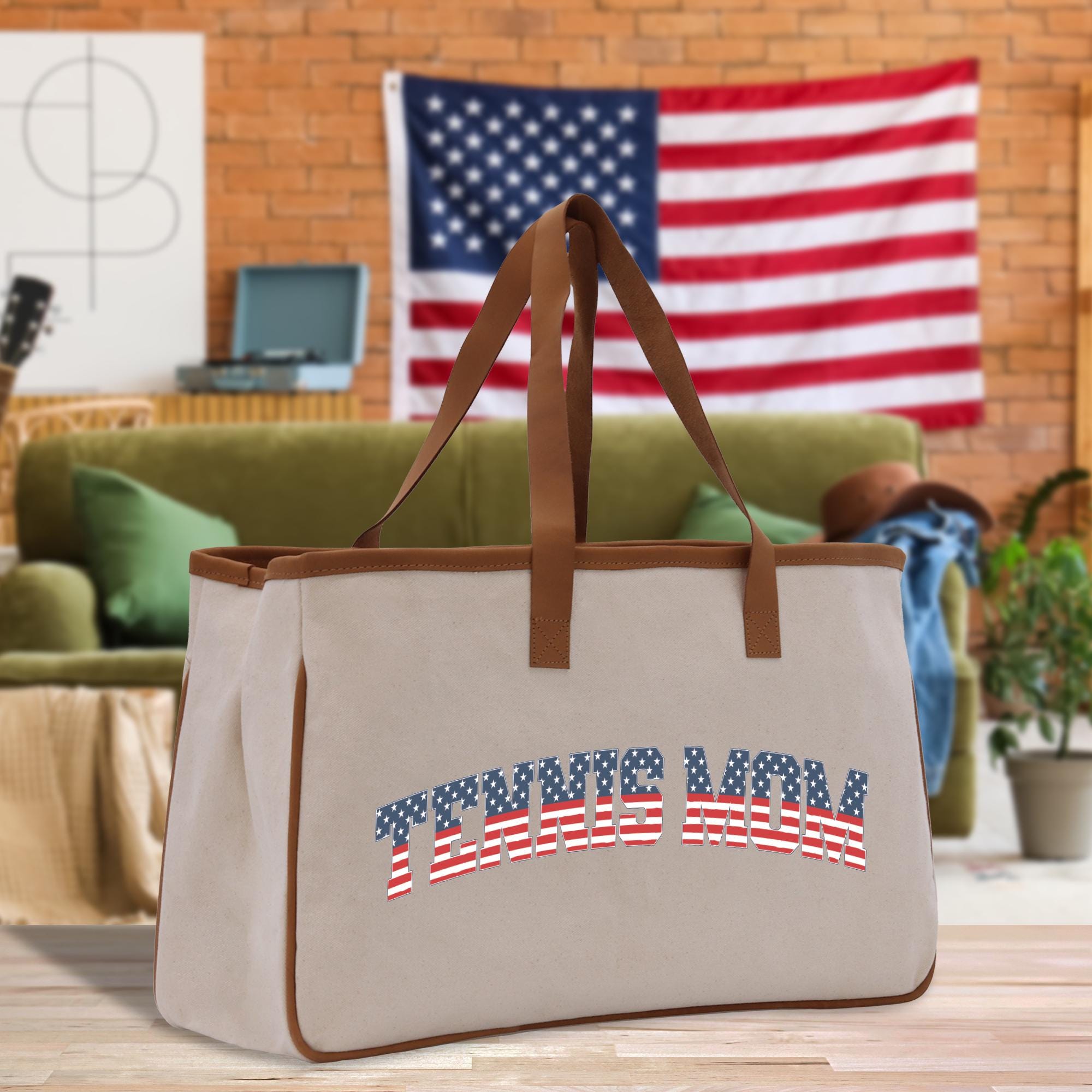 a canvas tote bag with an american flag on it