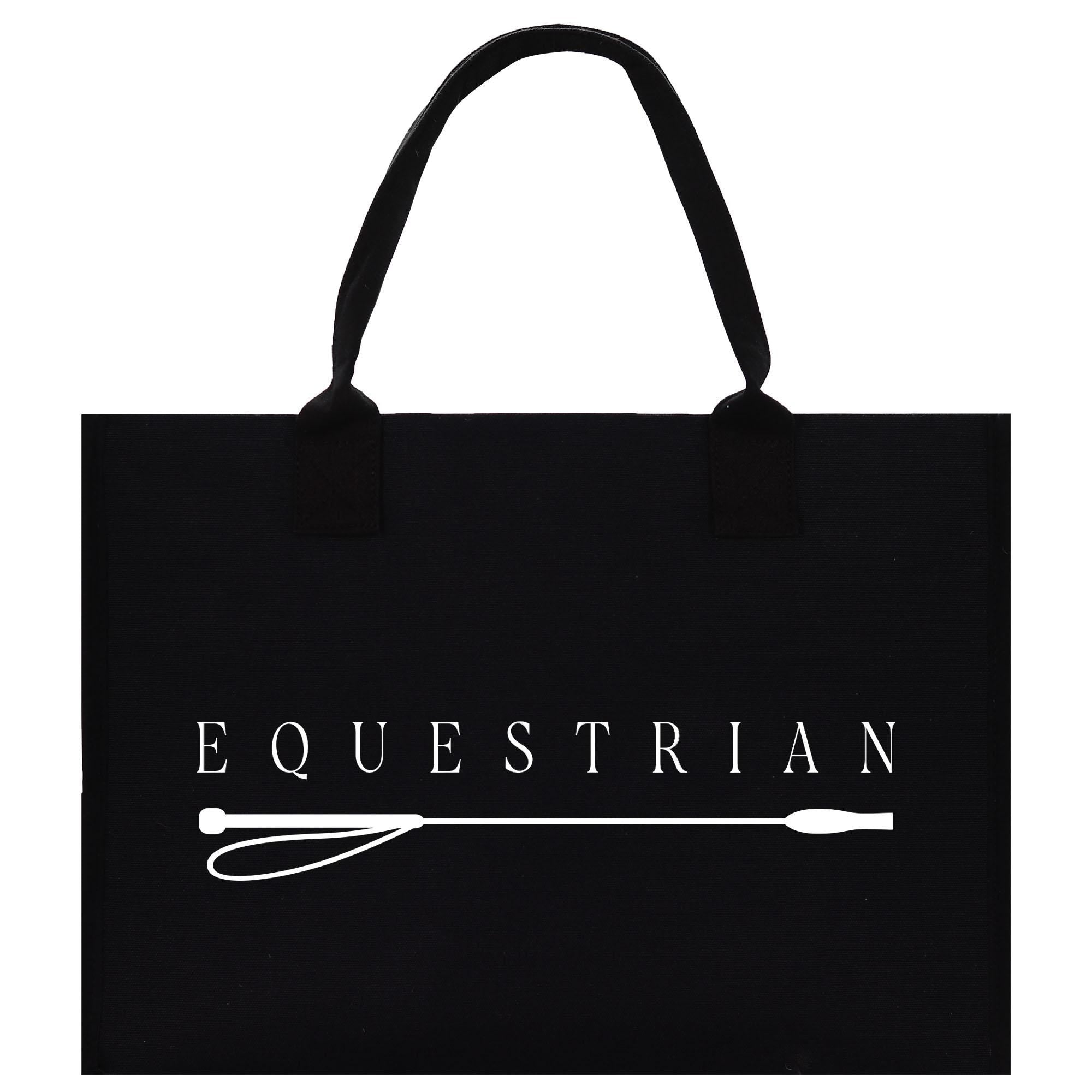A black shopping bag with the word &quot;EQUESTRIAN&quot; printed on it.