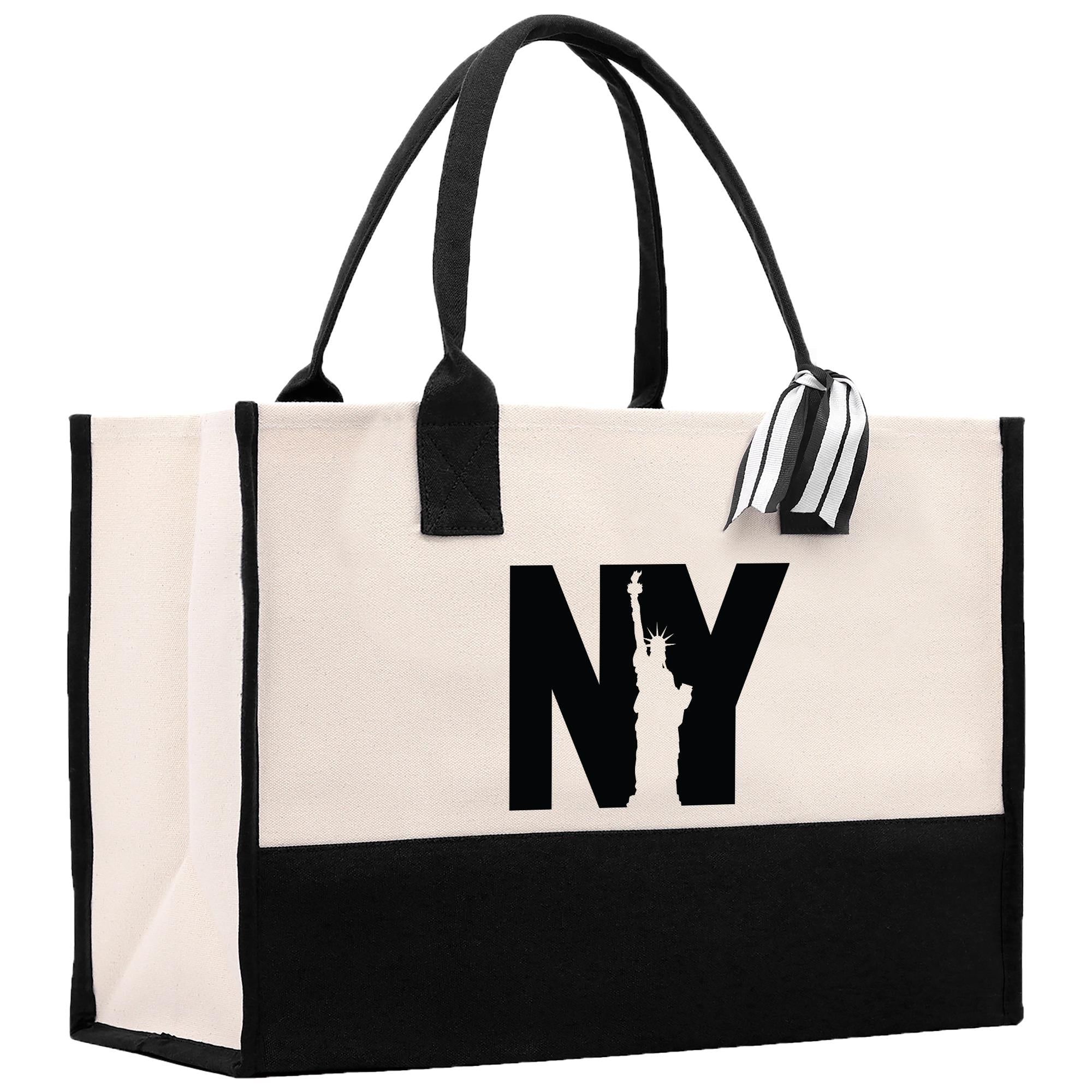 a black and white bag with a statue of liberty on it