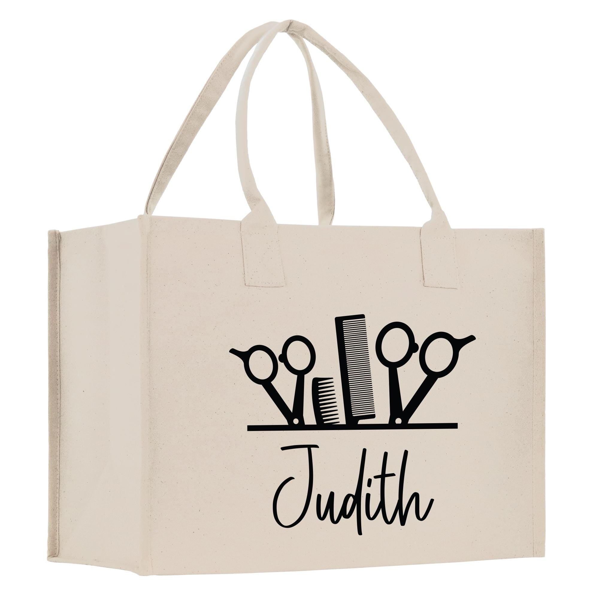 a white bag with scissors and a name on it