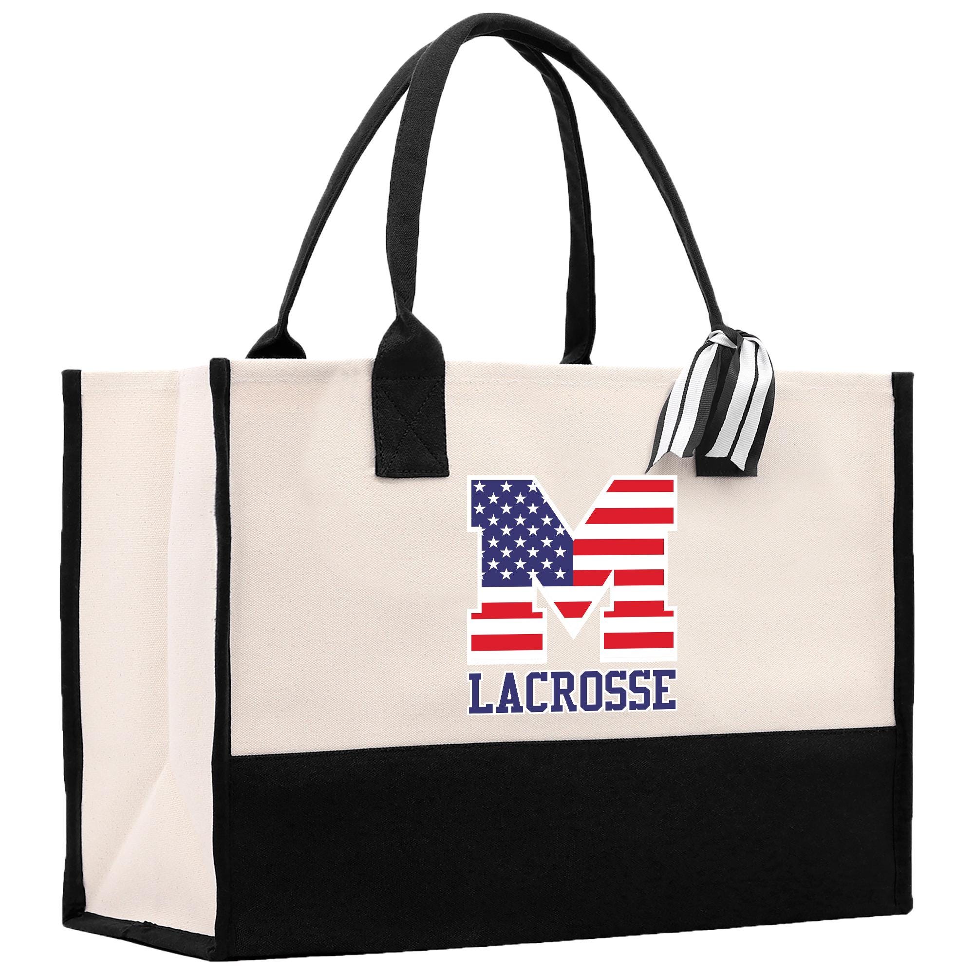 a white and black bag with a m across it
