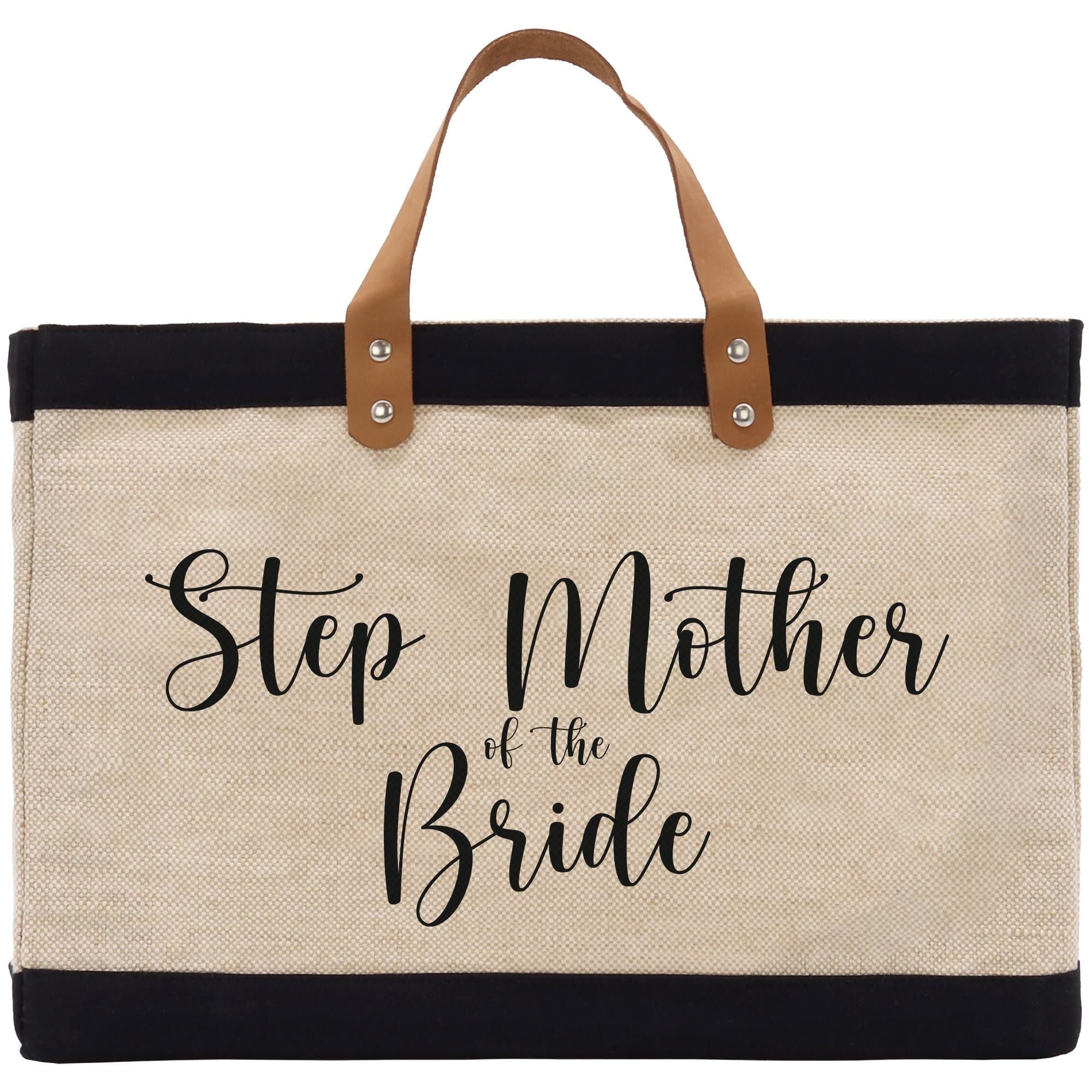 a black and white bag with the words step mother of the bride on it