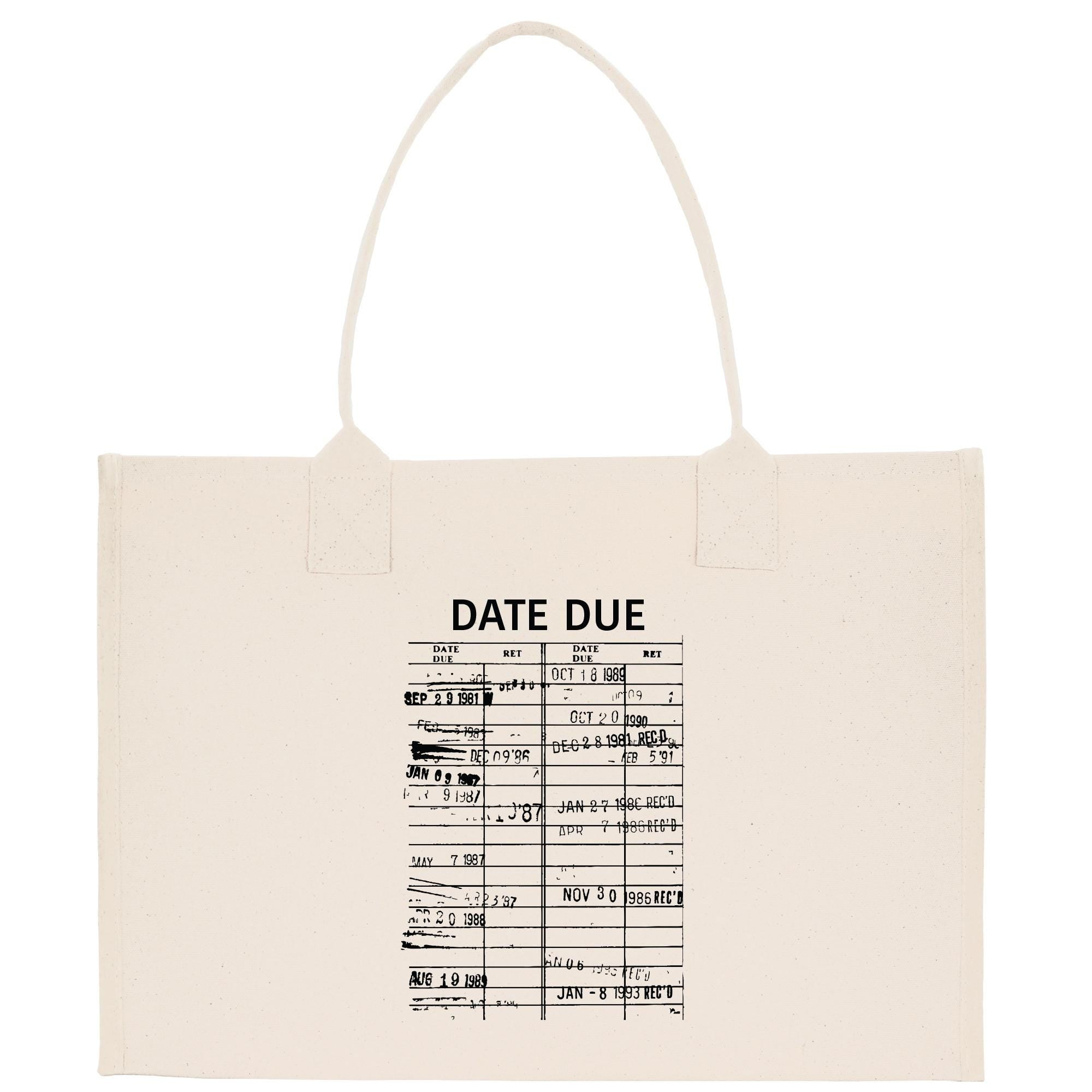 a tote bag with the date due printed on it