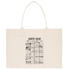 a tote bag with the date due printed on it