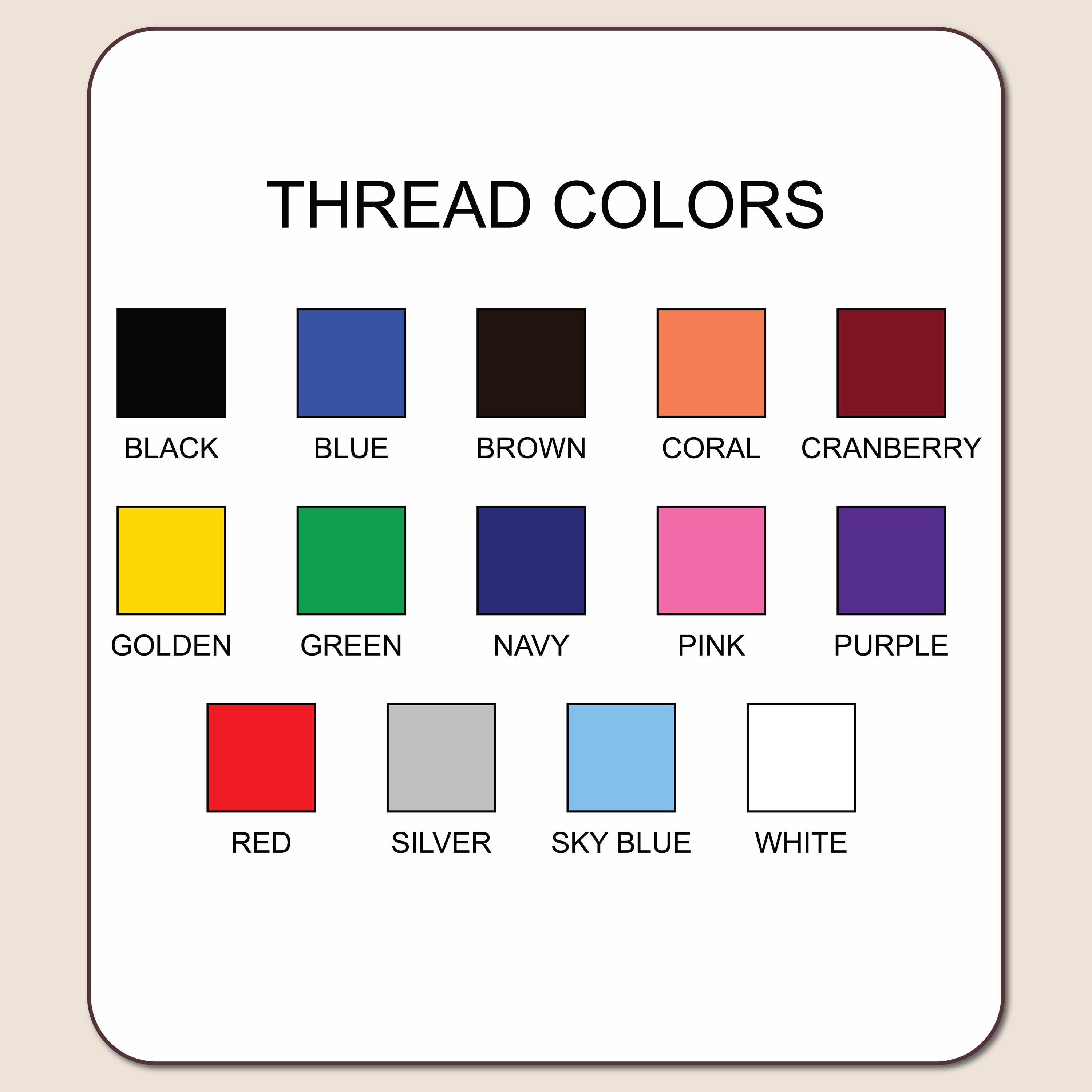 a collection of twelve different thread colors, each with a corresponding label. The colors include black, blue, brown, coral, cranberry, golden, green, navy, pink, purple, red, silver, sky blue, and white.