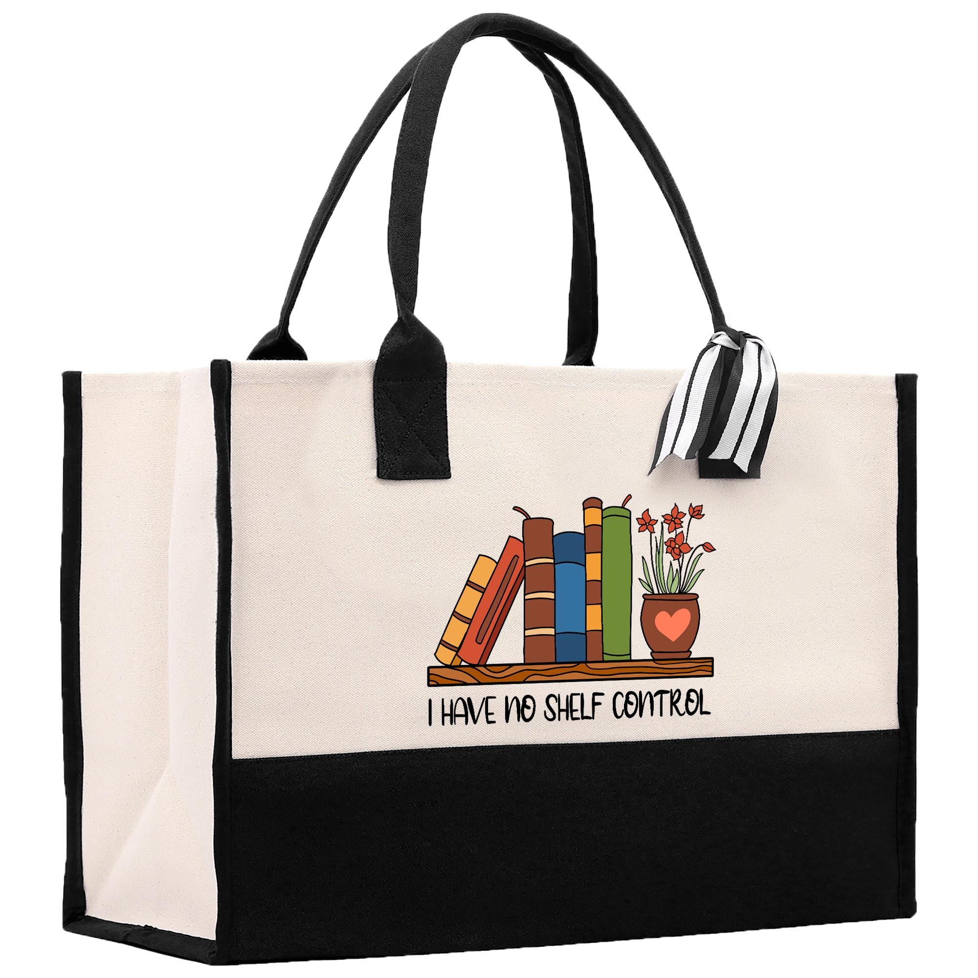 A tote bag with a printed design on it, depicting a bookshelf with various books and a potted plant. The text on the bag says &quot;I HAVE NO SHELF CONTROL&quot;.
