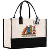 A tote bag with a printed design on it, depicting a bookshelf with various books and a potted plant. The text on the bag says "I HAVE NO SHELF CONTROL".