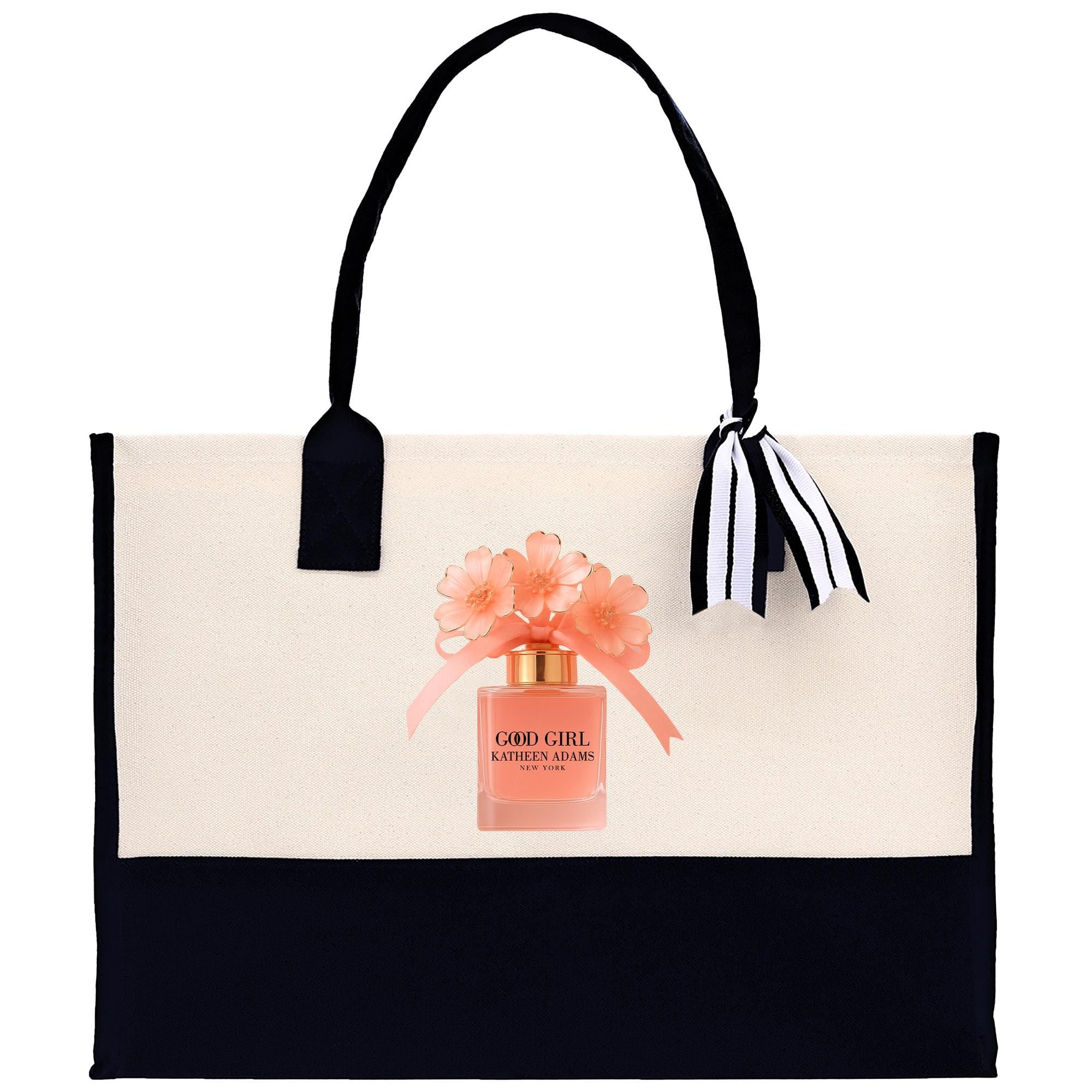 A tote bag with a printed image of a perfume bottle and flowers on it.