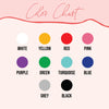 The image is a color chart that displays various colors, including white, yellow, red, pink, purple, green, turquoise, blue, grey, and black.
