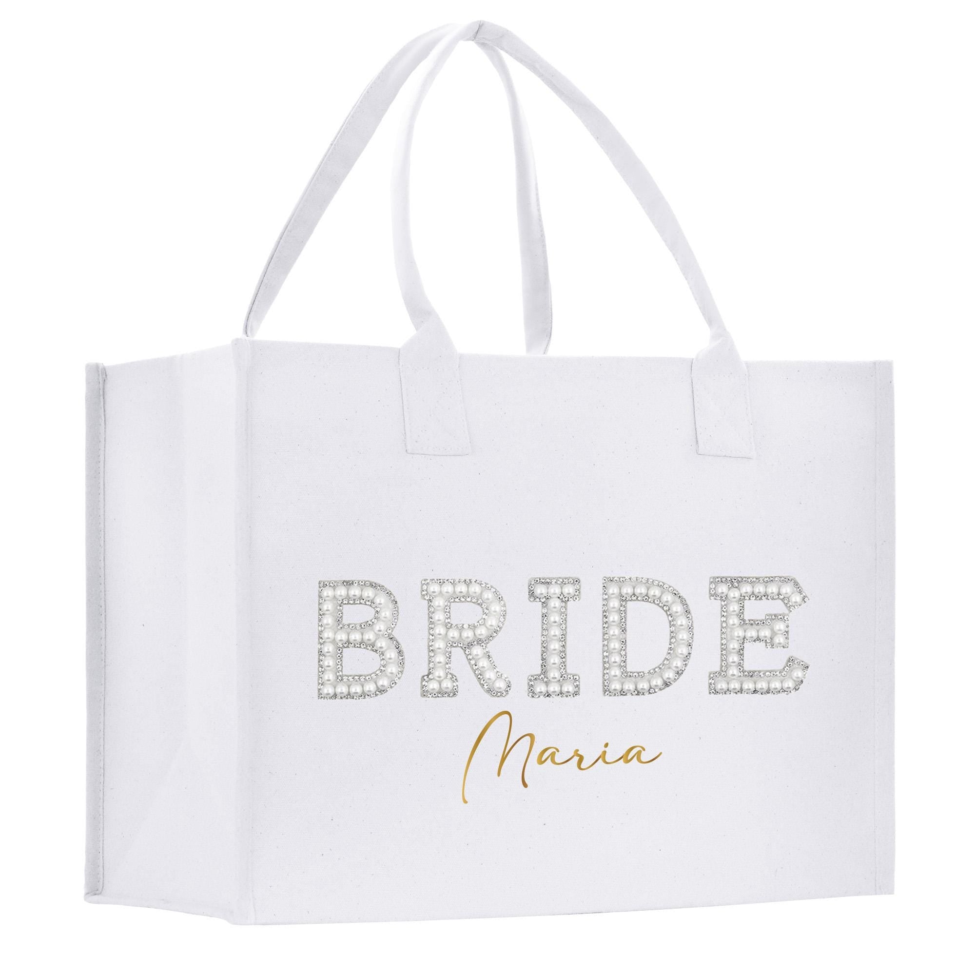 a white bag with a bride name on it