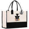 a black and white bag with a bottle of perfume