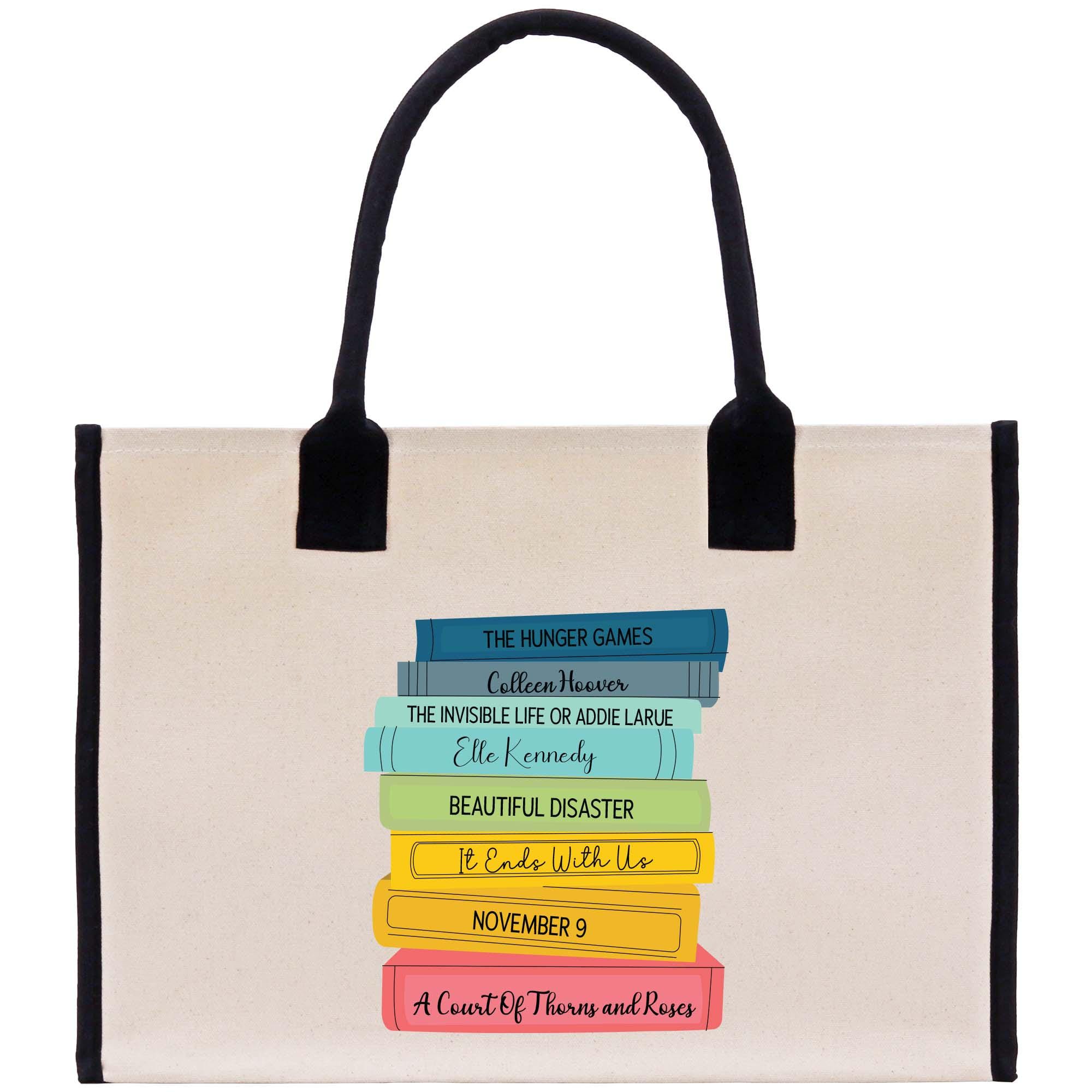 a tote bag with a stack of books on it