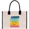 a tote bag with a stack of books on it