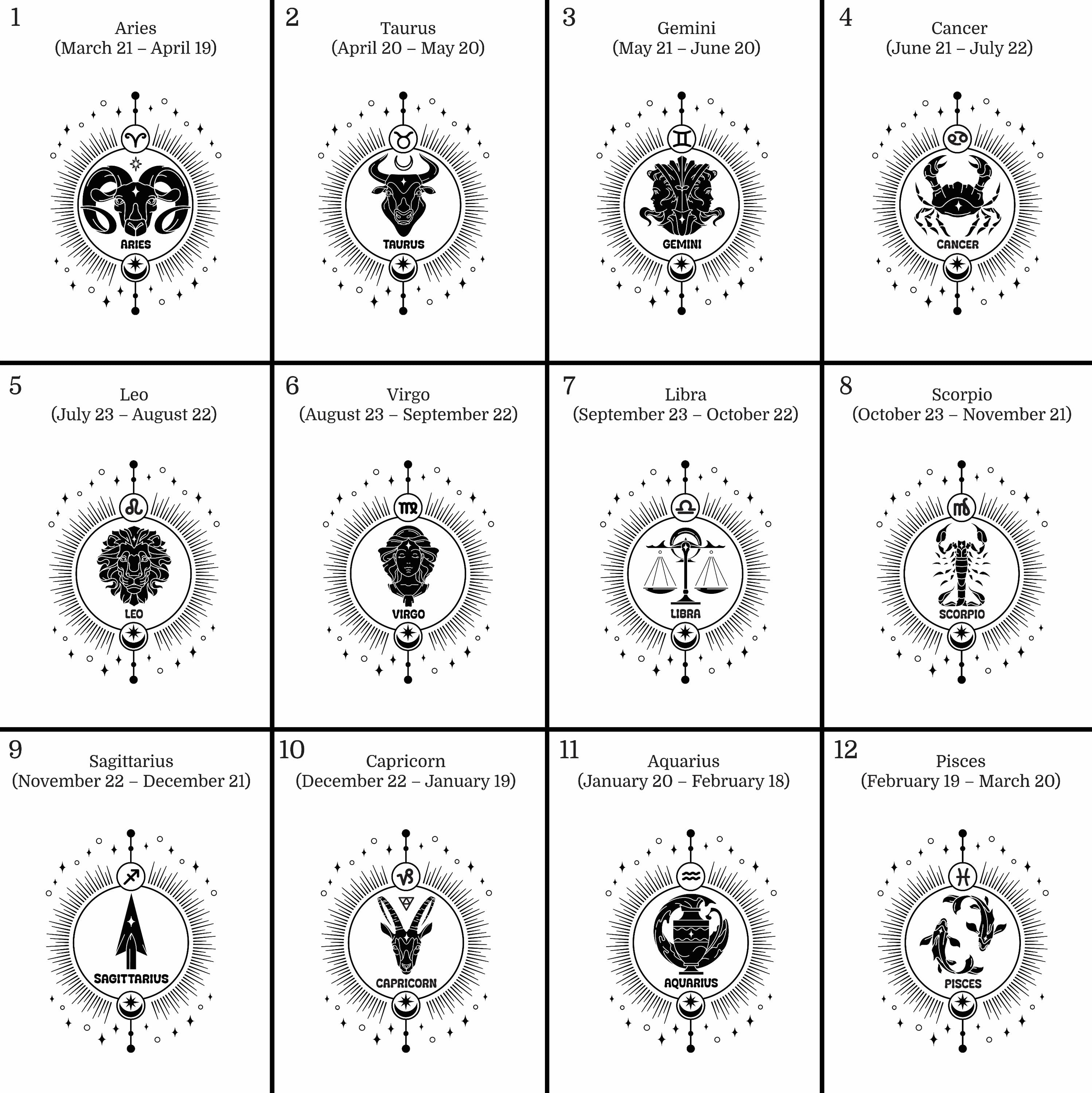 a series of twelve zodiac signs in black and white