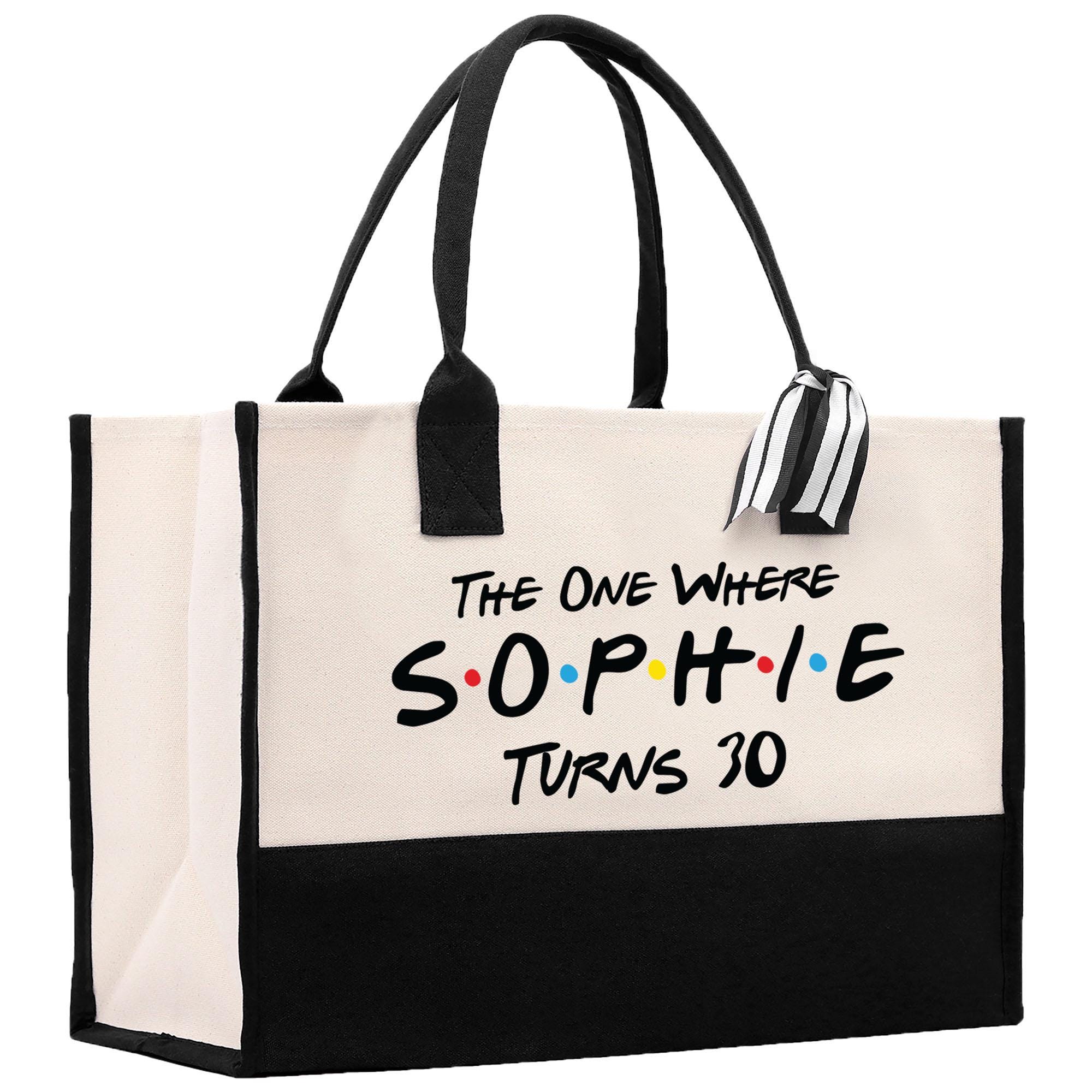 a black and white bag with the words the one where sophiie turns 10