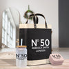 a black and white tote bag with the text 