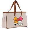 A beige canvas tote bag with a cartoon pencil and a bow on it, featuring the text "Mrs. Roberts" printed on it.