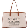 A beige tote bag with the text "Olivia Williams REALTOR 123.456.7890 Olivia@REALTOR.com WWW.OLIVARESTATE.COM" printed on it.