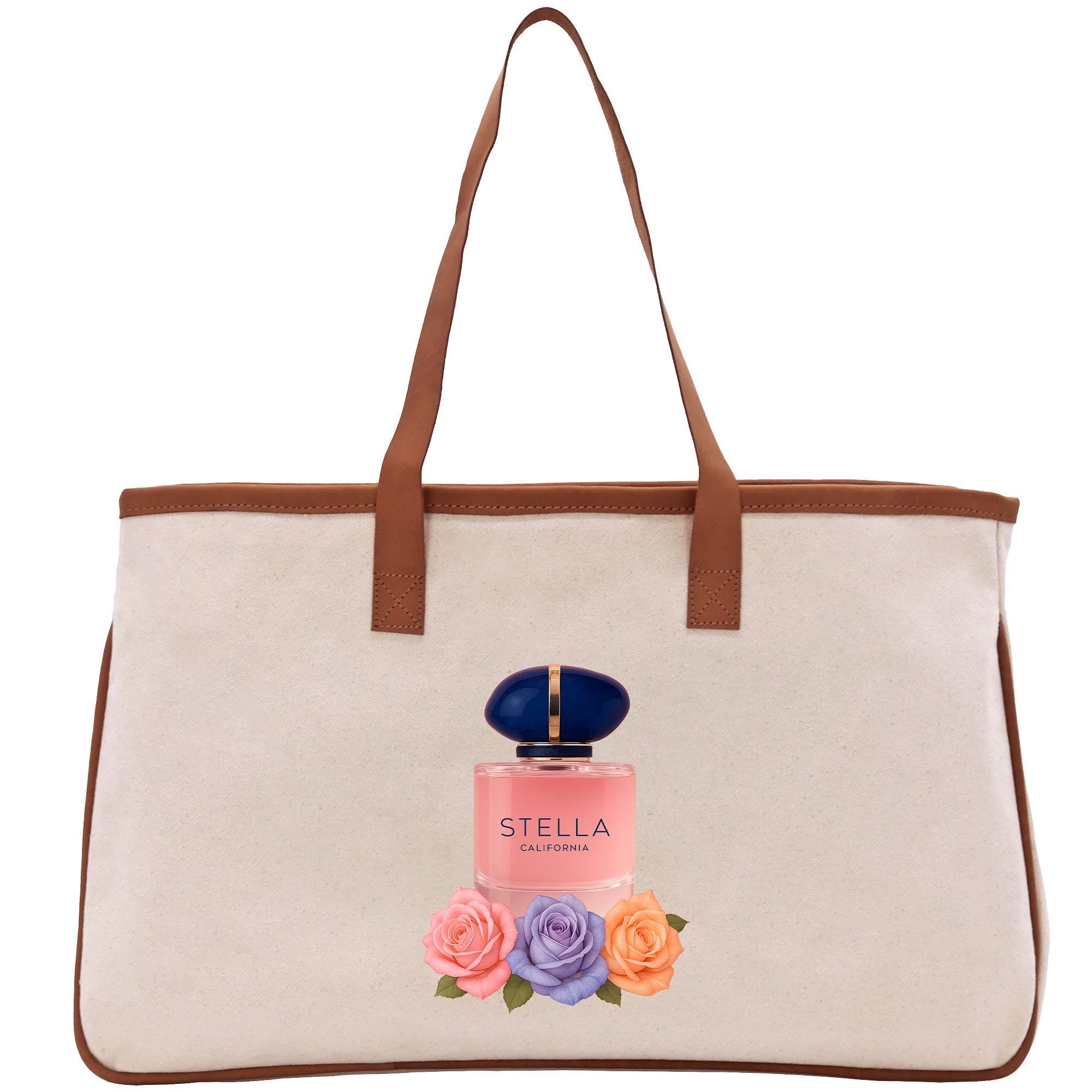 A beige tote bag with a printed design of a perfume bottle and flowers on it.
